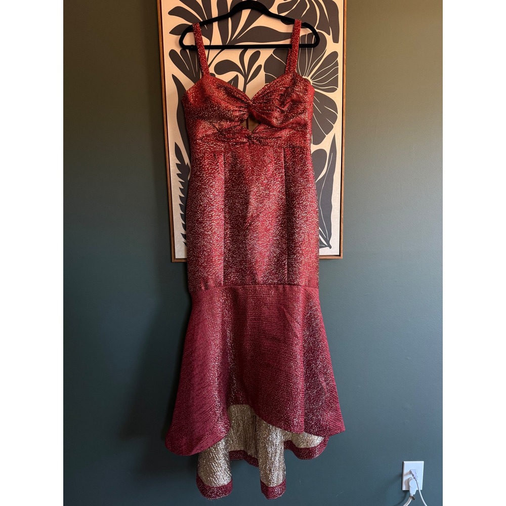 Monique Lhuillier Ruby Red Gold Metallic Jacquard Mermaid Gown High Low Dress 12